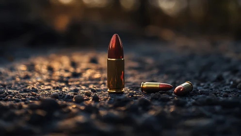Single upright pistol round rests on rough asphalt ground at dusk