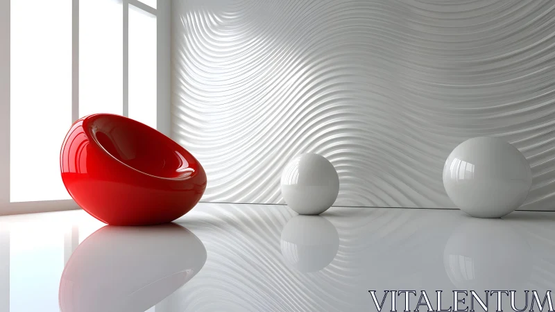 Modern minimalist room with red chair and sculptural white decor.
