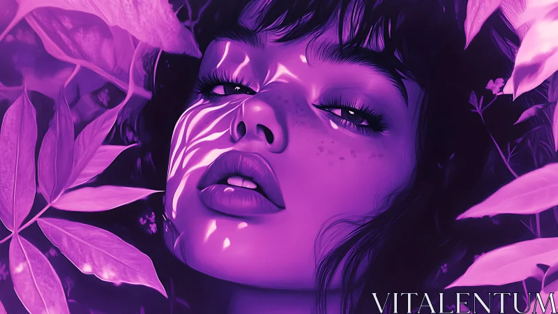 Digital portrait shows face framed by foliage in purple light