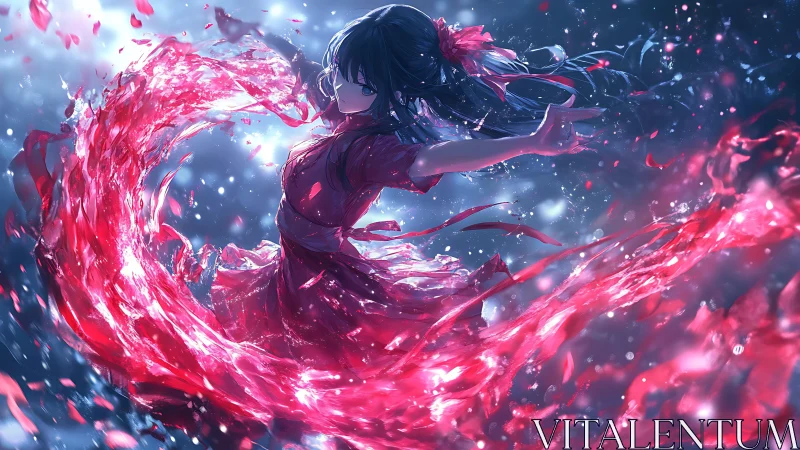 Girl in red dress commands swirling crimson energy wave