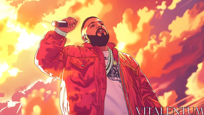 Bold hip hop performer in red jacket against vivid sky.