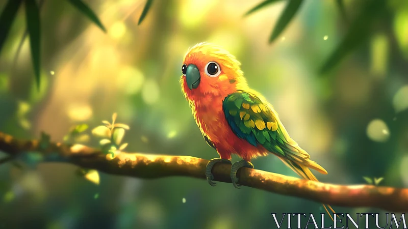 Vibrant cartoon parrot on branch in sunlit forest, digital art.