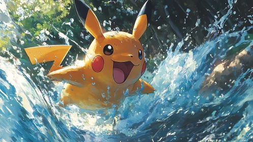 Pikachu surges through sunlit river spray in vivid motion.