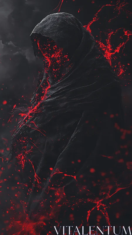 Hooded dark figure with red energy dispersion in shadowed space.