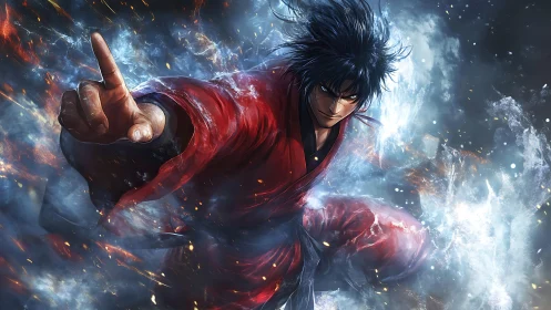 Martial warrior channels elemental energy in dynamic aura.