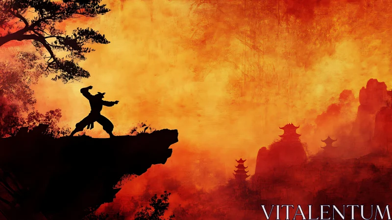 Martial artist silhouette on cliff over fiery pagoda valley.