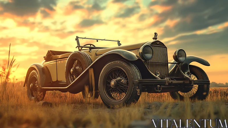 Vintage convertible roadster stands in dry grass landscape