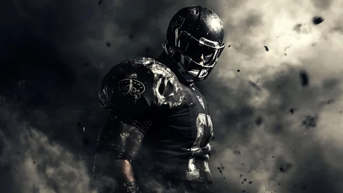 Shadow-clad gridiron titan strides through storming dust