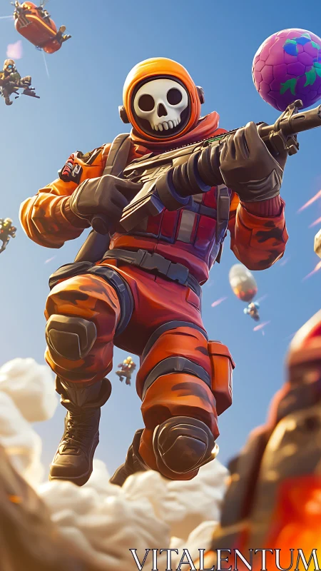 Skull-faced sky trooper storms cartoonish battle royale.