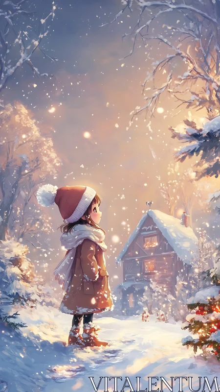 Snow-laden anime scene renders soft dusk lighting and depth cues