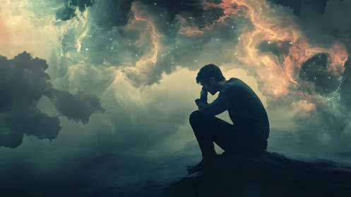 Man in silhouette sits thinking under swirling cosmic sky.