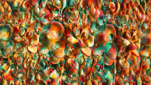 Layered abstract floral fractal in intense warm colors.