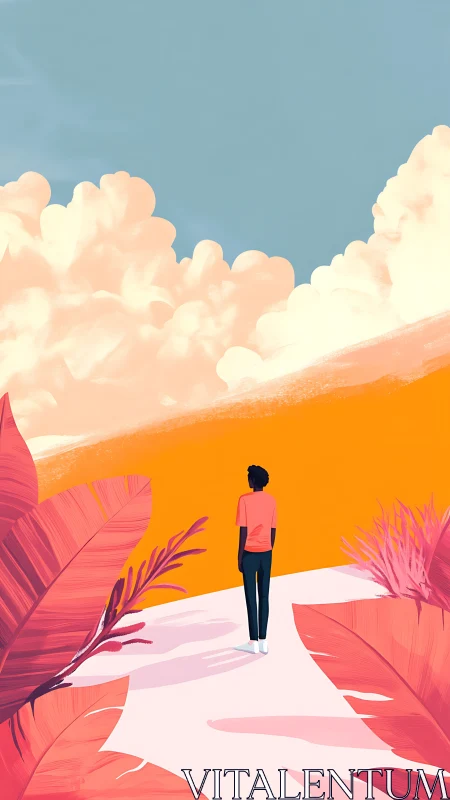 Person walks through stylized pink plants under large clouds