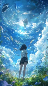 Girl gazes into swirling sky ocean filled with luminous fish.