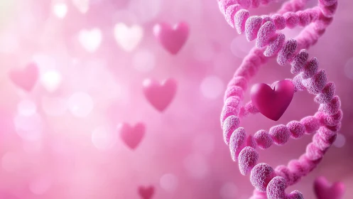 DNA helix structure formed from pink spheres with centered heart shape
