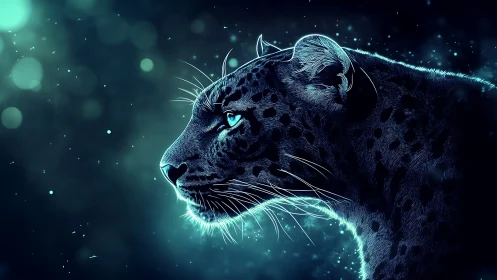 Neon Leopard Profile. Luminescent Wildcat Against Dark Cosmos.
