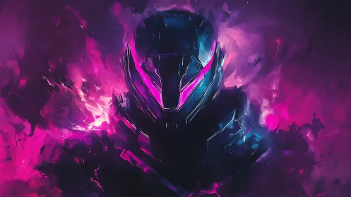 Neon armored guardian emerging from glowing cosmic mist.