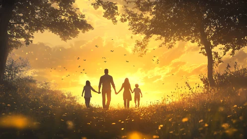 Silhouetted family walking toward sunset along meadow path.