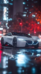 Futuristic white sports car stands on wet neon city street