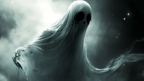 Volumetric spectral wraith in stormlit monochrome mistfield