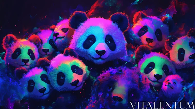 Neon dreamscape of glowing panda faces in dense cluster.