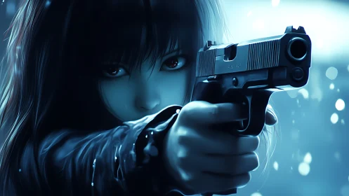 Female figure aiming handgun in cold blue-toned scene.