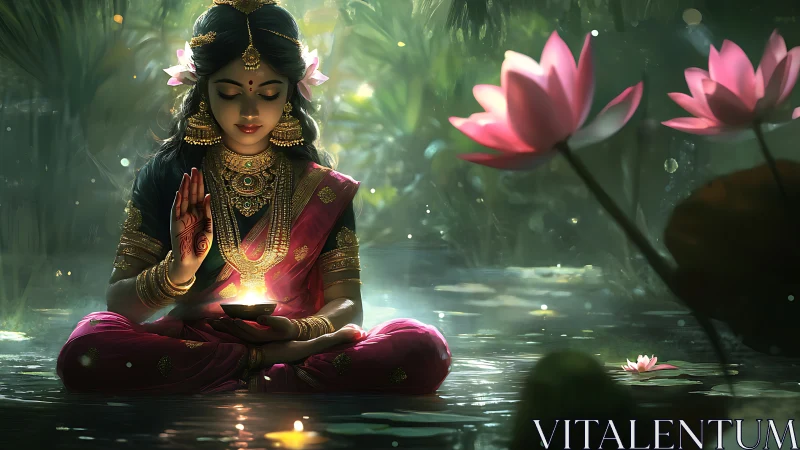 Luminescent lotus ritual with jeweled deity figure in water.