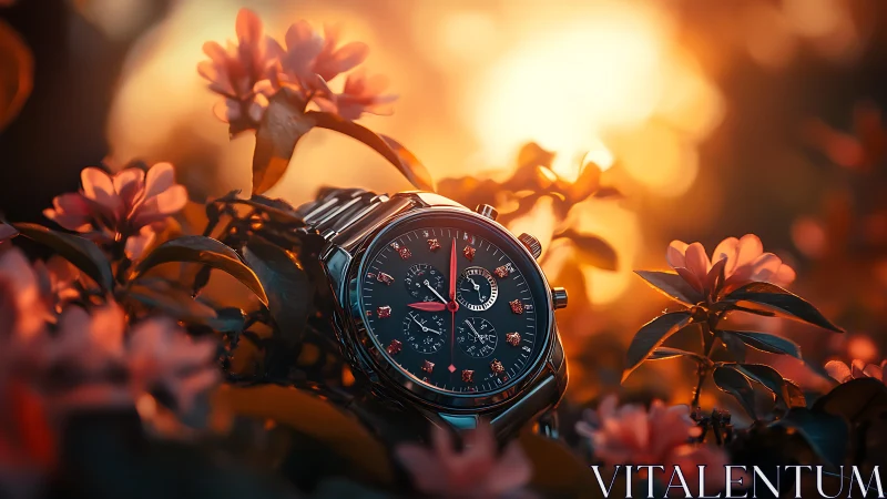 Luxury chronograph watch rests in glowing floral sunset light