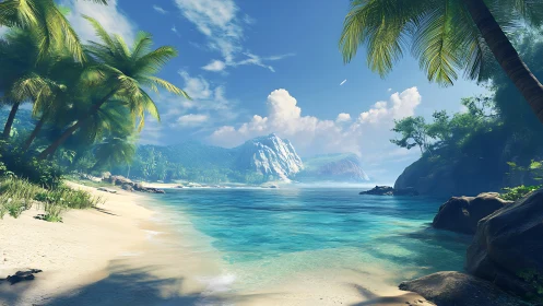 Tropical Paradise Cove: Digital Seascape with Mountain Vista.
