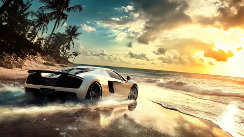 Sports car moves along reflective tropical shoreline at sunset