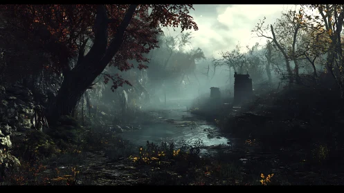 Mist veiled forest river with crumbling stone ruins at dusk.