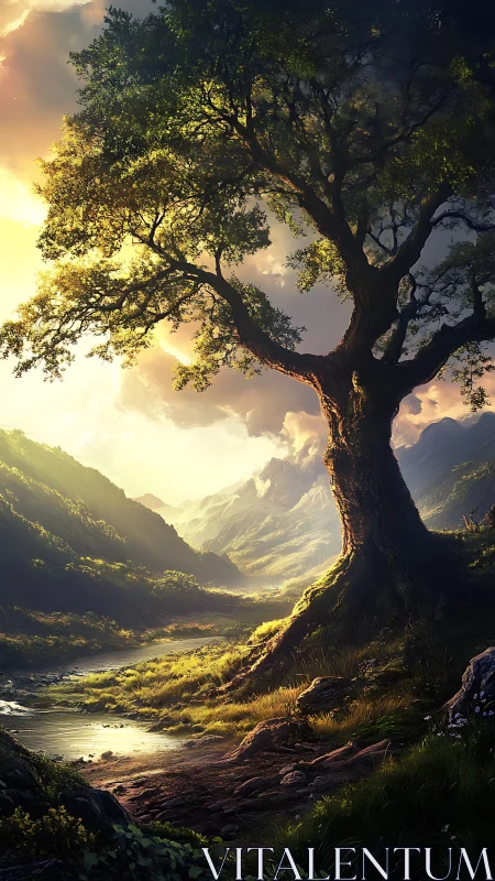 Sunlit valley tree welcoming you into quiet mountain calm.