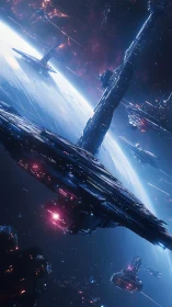 Vast orbital fleet forms luminous ring above blue world.