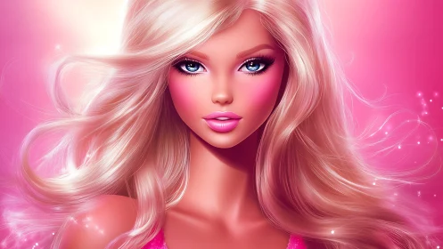 Hyper-polished blonde doll portrait in neon pink palette