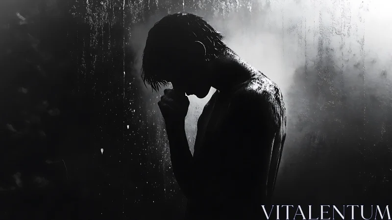 Silhouette of wet man standing alone under falling water.