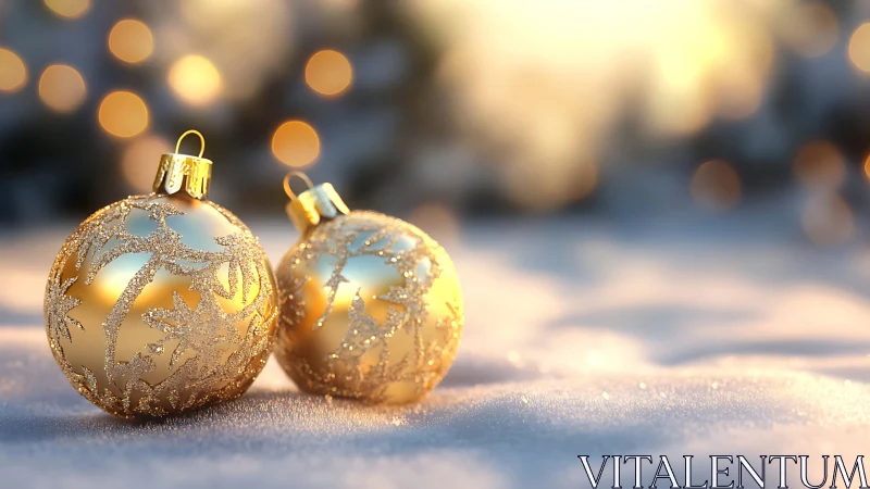 Golden glass ornaments rest on snow under warm bokeh glow.