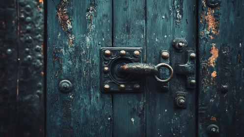Weathered teal door handle guarding rust-kissed secrets.