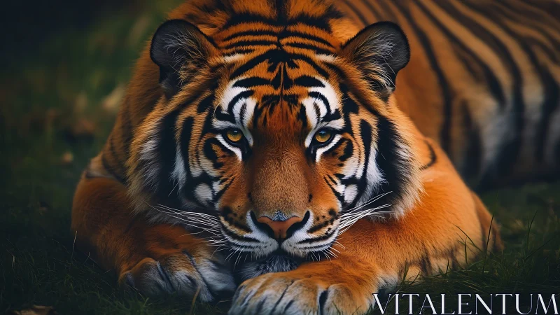 Resting Bengal tiger in low light, frontal close-up portrait