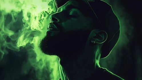 Neon green side-lit portrait isolates smoke plumes and facial texture