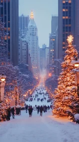 Snowy city avenue glows with festive holiday lights at dusk.