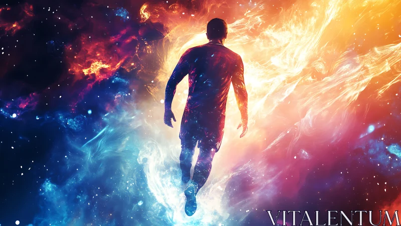 Silhouetted figure strides through swirling cosmic firestorm.