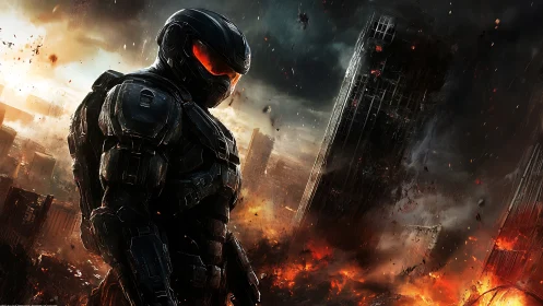 Armored soldier in burning futuristic city ruins at dusk.