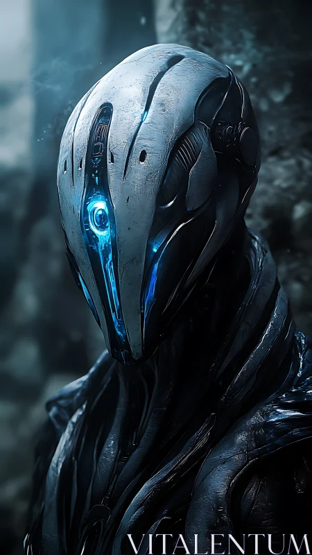 Midnight sentinel android with icy blue luminous gaze stands.