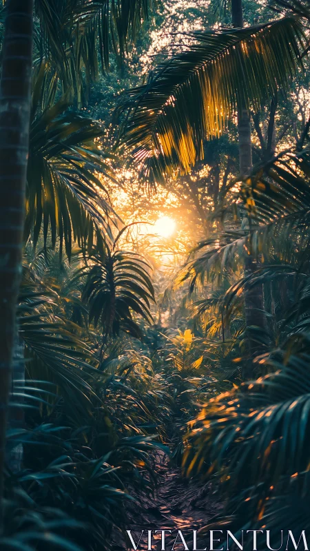 Golden Sunlight Pierces Dense Tropical Jungle Canopy.