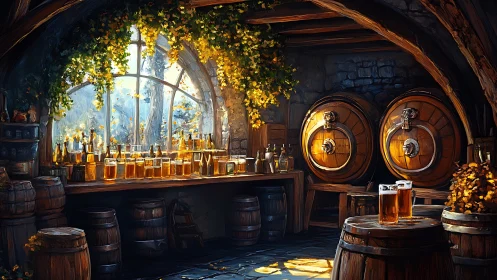 Sunlit tavern barrels trade secrets with amber afternoon ale