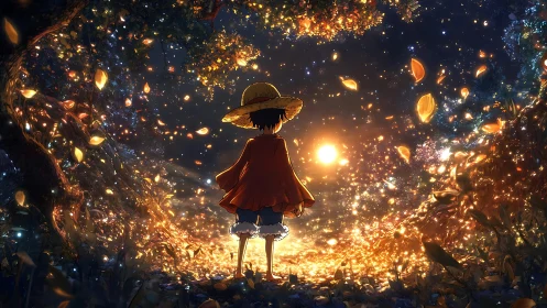 Child in straw hat observing luminous forest clearing.