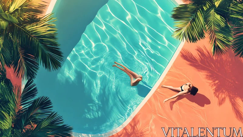 Overhead poolside composition with hard shadows and pastel contrast