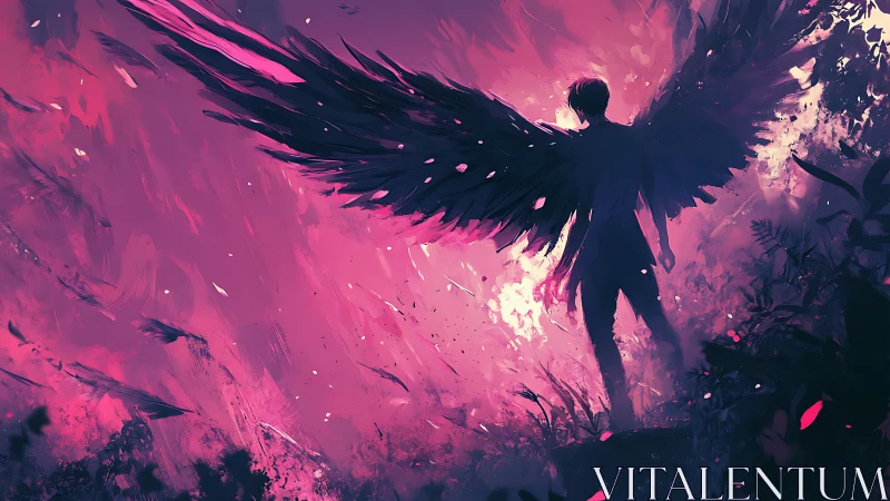 Dark-winged figure in luminous pink fantasy storm.