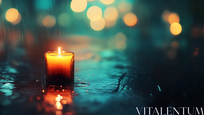 Solitary candle burns against rainfall on reflective pavement