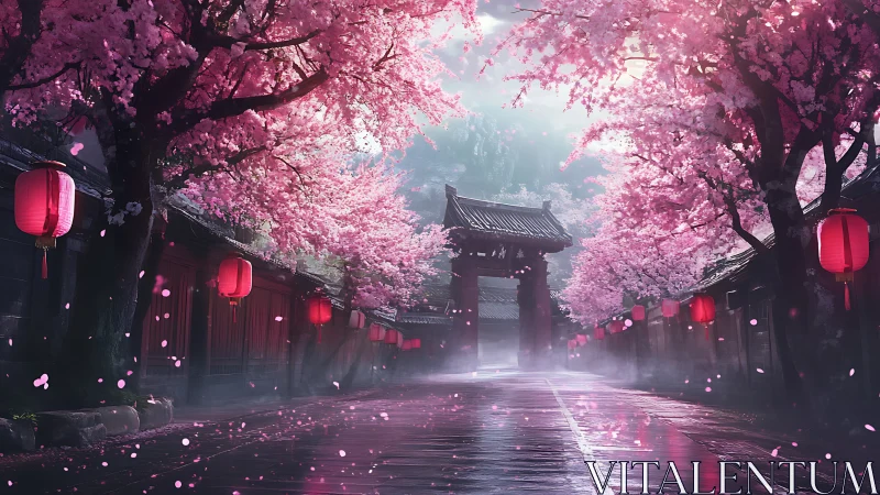 Cherry blossoms frame misty temple gate in cinematic dusk lighting